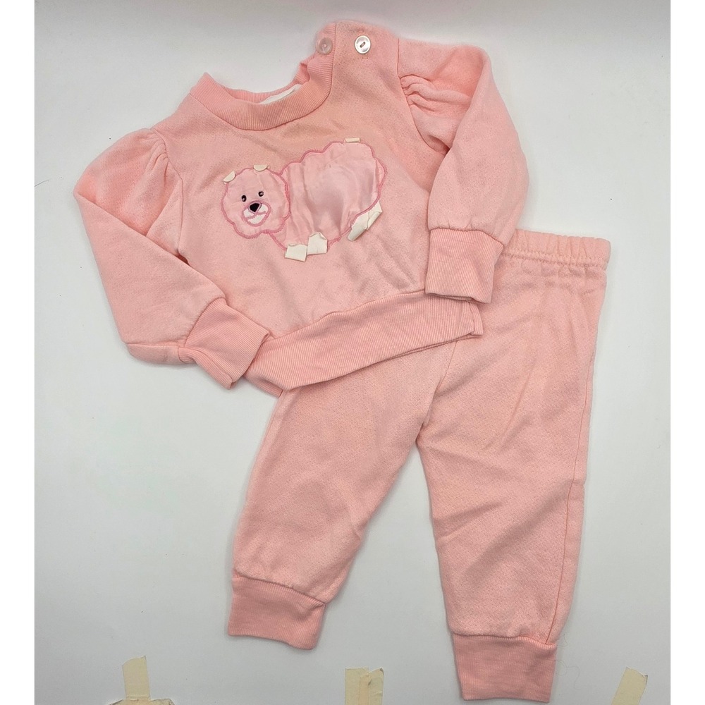 Vintage Hearts Pink Sheep Applique Fleece Sweatshirt Pants Set 12 Months 80s 90s